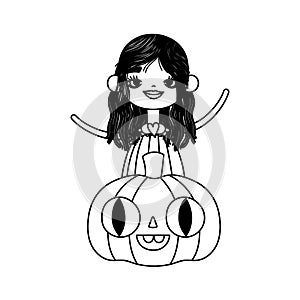 Happy halloween celebration girl witch and pumpkin thick line