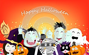 Happy Halloween, celebration party confetti explosion, vampire, pumpkin, mummy, cats, spooky, witch and zombie cartoon cute