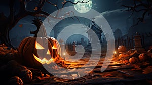 Happy Halloween celebration pumpkin and dark castle with graveyard. Full Moon spooky night mysterious forest darkness scene