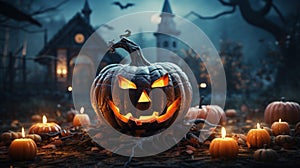 Happy Halloween celebration pumpkin and dark castle with graveyard. Full Moon spooky night mysterious forest darkness scene