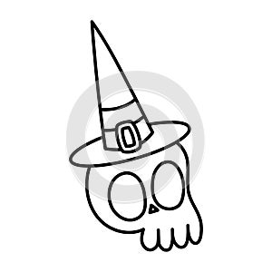 Happy halloween celebration scary skull with hat cartoon thick line