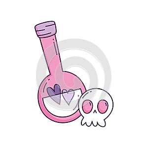 Happy halloween celebration scary skull and potion bottle cartoon