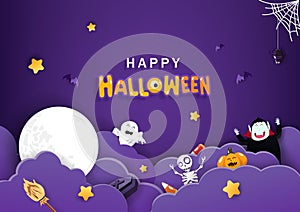 Happy Halloween, cloudys with full moon night scene, greeting card paper cut style, kids cute cartoon characters, invitation