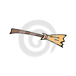 Happy halloween color vector icon with witch broom. Trick or treat. Cute naive doodle, spooky element. Graveyard