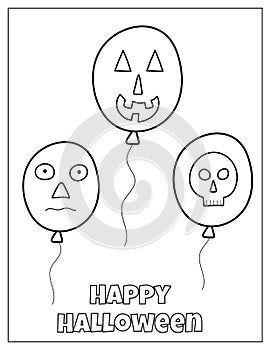 Happy Halloween coloring page with funny balloons. Spooky print for coloring book