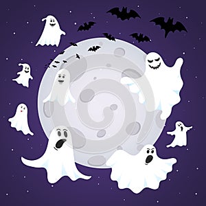 Happy Halloween composition with ghost scary face, night sky, moon