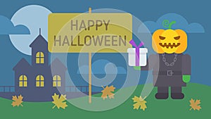 Happy Halloween composition pumpkin holding gift box and smiles