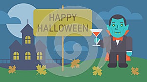 Happy Halloween composition vampire holding glass and smiling