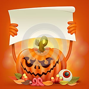 Happy Halloween concept card with pumpkin holding paper banner