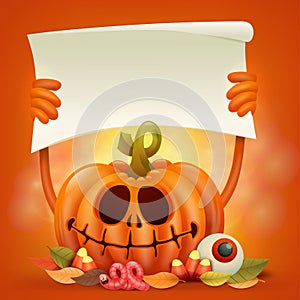 Happy Halloween concept card with pumpkin holding paper banner