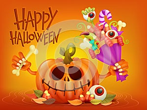 Happy Halloween concept card with pumpkin and scary bouquet