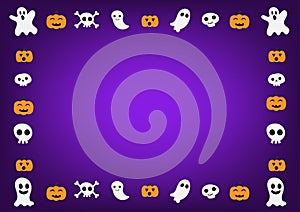 Happy Halloween concept. Cute white ghost characters with pumpkin cartoon border on purple background for cards, banners, and web