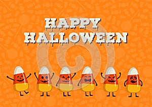 Happy Halloween greeting card, poster. Funny candy corn character collection. Trick or treat background. Kids wallpaper