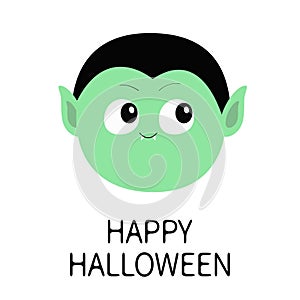 Happy Halloween. Count Dracula round head. Cute cartoon funny spooky vampire baby character. Green face with fangs. Greeting card.