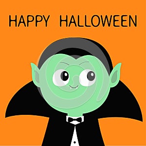 Happy Halloween. Count Dracula wearing black cape. Cute cartoon funny spooky vampire baby character. Green face with fangs. Greeti