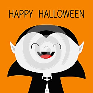 Happy Halloween. Count Dracula white head face costume. Cute cartoon kawaii smiling vampire character with fangs. Big mouth,