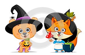 Happy Halloween. Cute bear and funny foxy