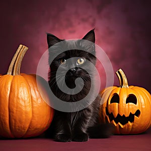 Happy Halloween, cute black cat with pumpkin Jack-o-Lantern pumpkin