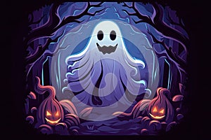 happy halloween cute ghost in dark forest