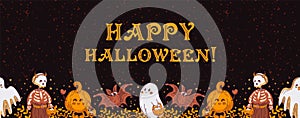 Happy Halloween. Cute ghosts, a skeleton, a pumpkin and a bat are caroling. Cartoon style. Horizontal seamless border