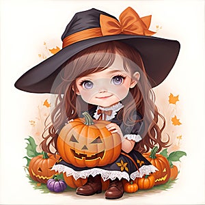 Happy Halloween. Cute girl witch. Beautiful little witch cartoon character. Halloween witch costume with pumpkins and on white