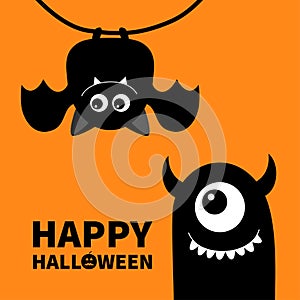 Happy Halloween. Cute hanging bat. Monster face with fang, horns. Cartoon kawaii funny baby character set. Black silhouette icon.