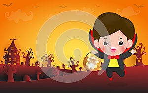 Happy Halloween, Cute Little Dracula Vampire holding pumpkin, Template for advertising brochure. greeting card party poster