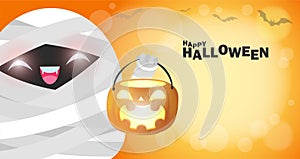 Happy halloween, Cute Little Mummy holding pumpkin in the moonlight, halloween banner trick or Treating poster Party, Template