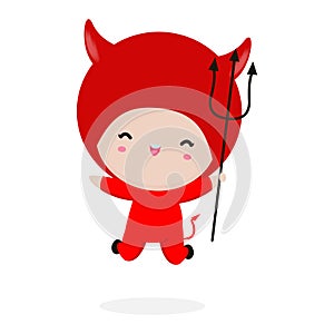 Happy Halloween. Cute little Red Devil Demon, children in Halloween costume isolated on white background. Kid Costume Party Vector