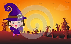 Happy Halloween, Cute Little witch banner trick or Treating, Template for advertising brochure. greeting card party poster