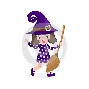 Happy Halloween. Cute little witch. Girl kid in Halloween costume isolated on white background. Kid Costume Party Vector