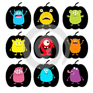 Happy Halloween. Cute monster pumpkin shape icon set. Cartoon scary funny character. Eyes, tongue, horns, hands up. Funny baby col