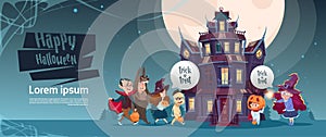 Happy Halloween Cute Monsters Walking To Gothic Castle With Ghosts Holiday Greeting Card Concept