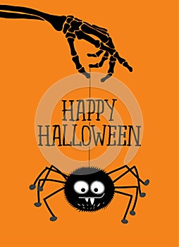 Happy Halloween - cute spider hanging on skeleton arm. Retro badge.