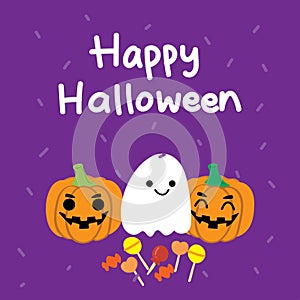 Happy Halloween. Cute vector card with pumpkins and ghost, Jack o lanterns. cute card with purple background.