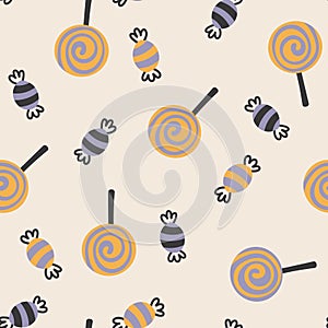 Happy Halloween cute vector seamless pattern with sweets and lollipops. Creative childish texture in scandinavian style