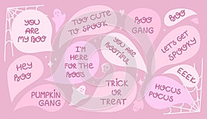 Happy Halloween cute vector set with speech bubbles . Pink set of speech bubbles with phrases for halloween