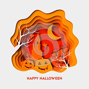 Happy halloween 3d abstract paper cut illlustration with pumpkin, house, cementry. Vector colorful template photo