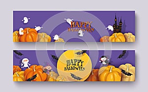 Happy Halloween 3d design. Pumpkin, witch, castle, vampire, bat, mummy, ghoul