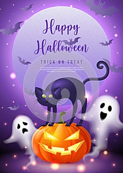 Happy halloween 3D realistic scary jack lantern black cat spirit ghost with purple tone full moon background