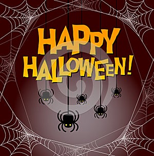 Happy Halloween with dangling spiders and spooky spider web frame.