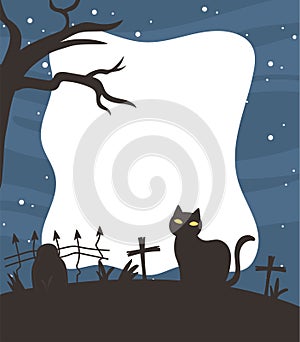 Happy halloween, dark cat cemetery fence cross tree stars sky night trick or treat party celebration