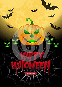 Happy halloween dark night full moon scary jack lantern bat and bloody typographic design text