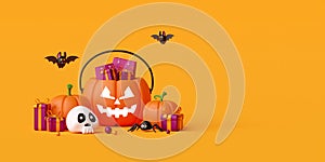 Happy Halloween day banner with gift box in jack o lantern pumpkins, skull, bat and spider