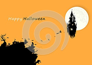 Happy Halloween day banner poster card, silhouette creative design with grunge brush black concept abstract background vector