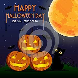 Happy Halloween Day , Bat and spider on text , Cute pumpkin smi