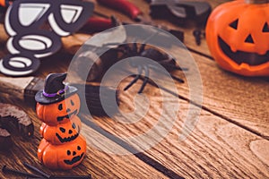 Happy Halloween day with construction DIY handy tools on  wood background concept with copy space