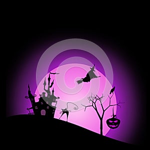 Happy Halloween day with haunted castle on moonlight purple color wallpaper background