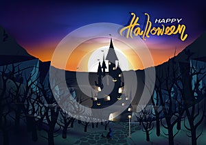 Happy halloween day poster, card, invitation, ghost castle in the dark forest, wasteland fantasy, cat on the road under lamp light