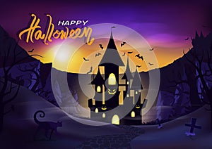 Happy halloween day poster invitation, light shine palace with mountains wasteland fantasy, horror story concept abstract